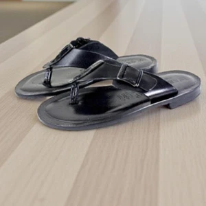 Leather Italian Sandals Mens Black Genuine Leather Flip All Flops Handmade Alpha - Picture 1 of 12