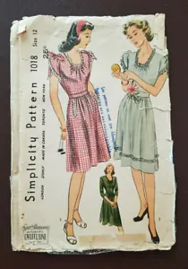 S-1018 Vintage 1940's One-Piece Dress Sewing Pattern Simplicity Size12 Bust 30" - Picture 1 of 3