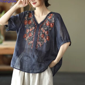 Camicia tunica casual donna retrò ricamata leggera pura estate casual top camicetta - Foto 1 di 18