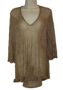 New JORDAN TAYLOR V-Neck Bell Sleeve Tunic Cover Up Gold Open Knit Shirttail Bea - Picture 1 of 14