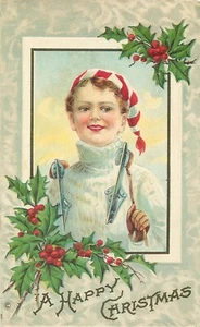 HAPPY CHRISTMAS - BOY WITH ICE SKATES - EMBOSSED HOLIDAY POSTCARD - Picture 1 of 2
