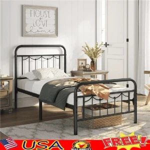 Metal Platform Twin Bed Vintage Headboard Steel Frame Under Bed Storage Slats US - Picture 1 of 8