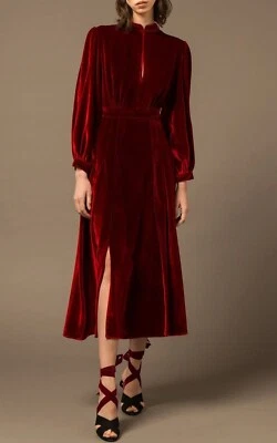 Women Burgundy Velvet Dress Long Sleeve Midi Dress With Slit Any Occasion - Image 1 of 4