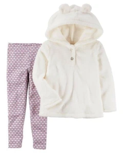 Carters Girls Winter White Bear Ears Fur Hoodie Hooded Geo Leggings Outfit Set 7 - Picture 1 of 3