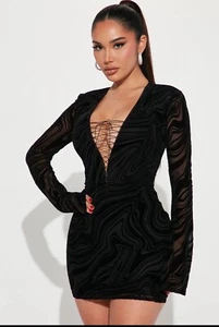 Fashion Nova Caught Up Mesh Black Mini Dress Size M - Picture 1 of 15