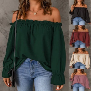 Women Ladies Bardot Off Shoulder Blouse Long Sleeve Tops Summer Shirts PLUS SIZE - Picture 1 of 36