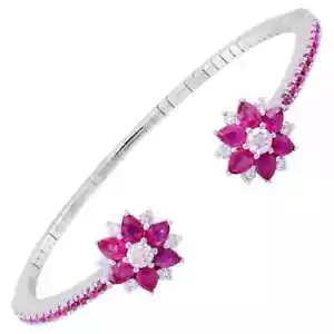 935 Silver With 3.29TCW Pink Ruby & Sapphire Two Flower Open Cuff Women Bracelet - Picture 1 of 6