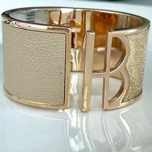 NWT RARE HENRI BENDEL NYC HB Logo GOLD Cuff Beige Leather Crystals Bracelet - Picture 1 of 9