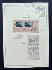 1937 Ethiopia Italy Cover/Postal Order With 1L. Pair Cancelled Harar 1937 Cds - Picture 1 of 3