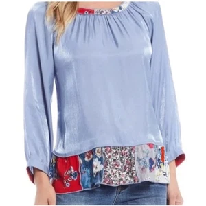 John Mark Tunic Blouse 2X Popover Patchwork Blue Shimmer Floral Lagenlook - Picture 1 of 9
