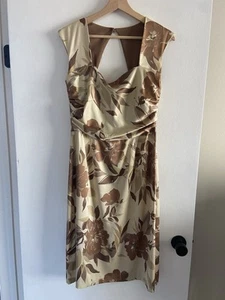 Women’s Donna Ricco Dress Cap Sleeves Brown And Beige Floral Size 10 Satin 90’s - Picture 1 of 7