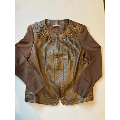 Peter Nygård Bronze Leather & Knit Embellished Jacket Sz M Floral Appliqué  - Image 1 of 4