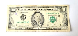 1988 $100 One Hundred Dollar Bill, Federal Reserve Note, Serial # B41007510D - Picture 1 of 2