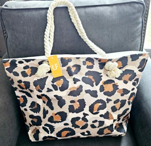 Leopard Animal Print Pattern Rope Handle Boho Beach Tote Travel Shopping Bag NWT - Picture 1 of 5