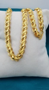 Round Link Gold Chain Necklace 22K Plain Gold Lotus Design Men Chain 8.5mm 20" - Picture 1 of 11