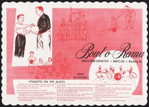 Vintage placemat BOWL-O-RAMA picturing people bowling Reading Pennsylvania nrmt+ - Picture 1 of 2