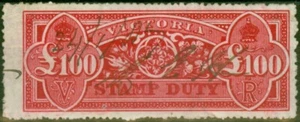 Victoria 1886 £100 Rosine SG288a Var Wmk Upright Inverted Fine Used Fiscal Ca... - Picture 1 of 1