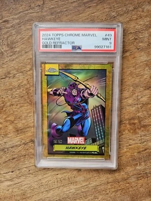 2024 Topps Chrome Marvel Gold Refractor Hawkeye 16/50 POP 1 PSA MINT 9  - Image 1 of 3