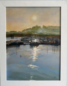 Framed original acrylic painting Ramsgate Harbour sunset, seascape J Smith