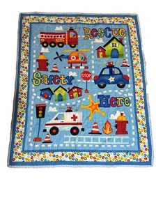 Baby Quilt Hand Made Rescue Vehicles Safety Hero Quilted 34”x41” Nursery - Picture 1 of 7