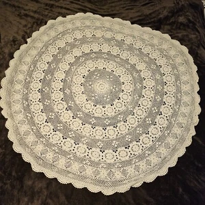 Vintage Hand Crocheted Tablecloth 46" Diameter Round Cream Ecru Handmade - Picture 1 of 17