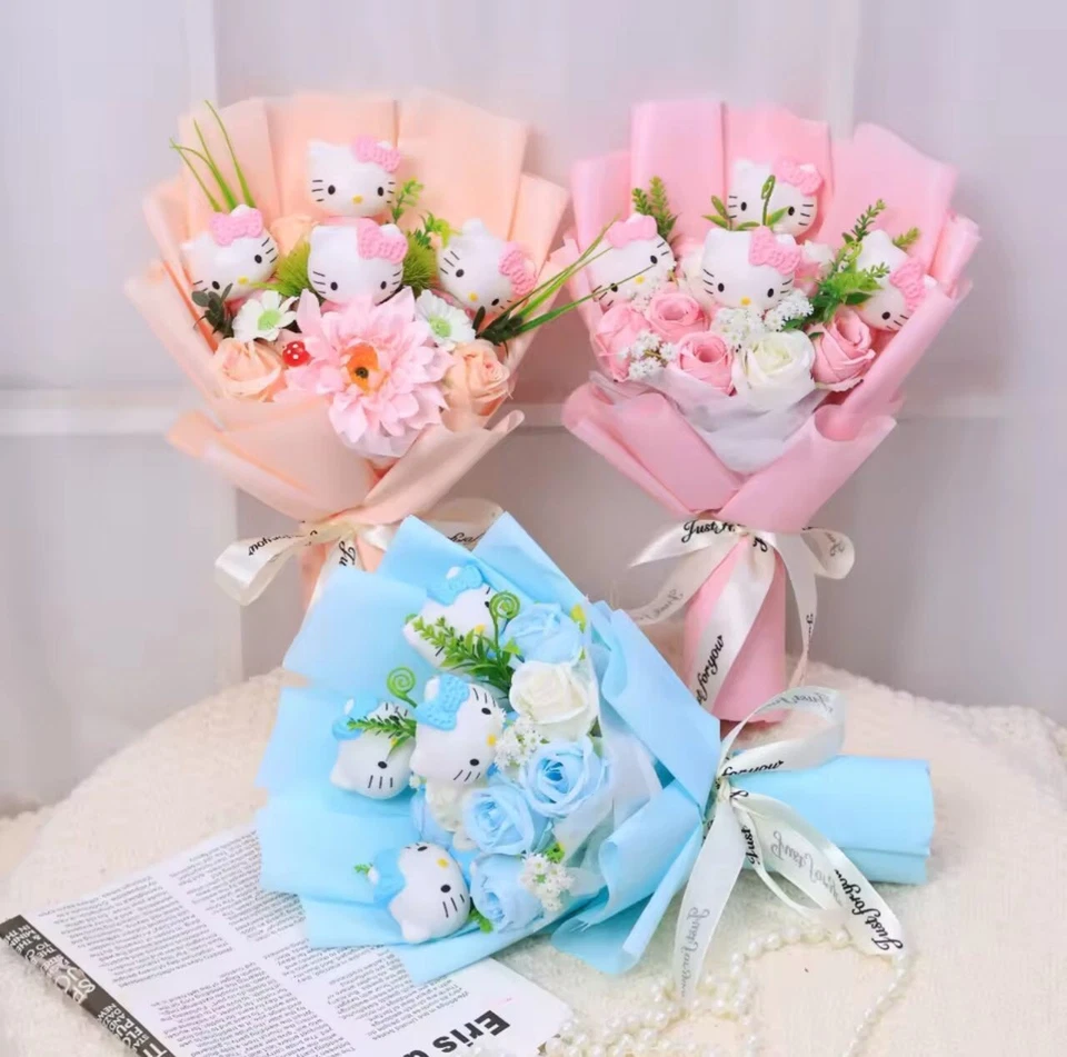 Bouquet Hello Kitty Kawaii avec fleurs artificielles – Cadeau mignon 🎁🌸🐱💐 - Photo 1/4