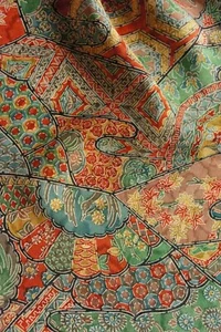 Vintage Japanese Kimono Silk Fabric Gold Green Red Patchwork 100cm(39") - Picture 1 of 15