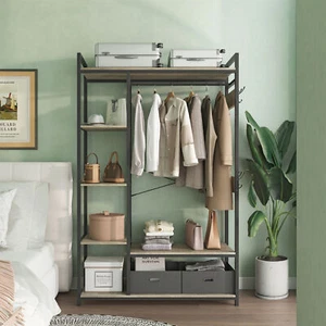 Organized Garment Rack Storage Closet System with Open Shelves and Hanging Rod - Picture 1 of 16