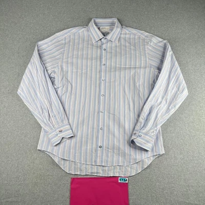 Lorenzo UOMO Shirt 17 Blue Striped Trim Fit Casual Button Up Long Sleeve Mens - Image 1 of 4