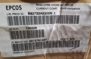 EPCOS B82722A2302N1 Ind Power Line Choke 1.2mH 30% 10KHz QTY: 600 (U4.3) - Picture 1 of 1