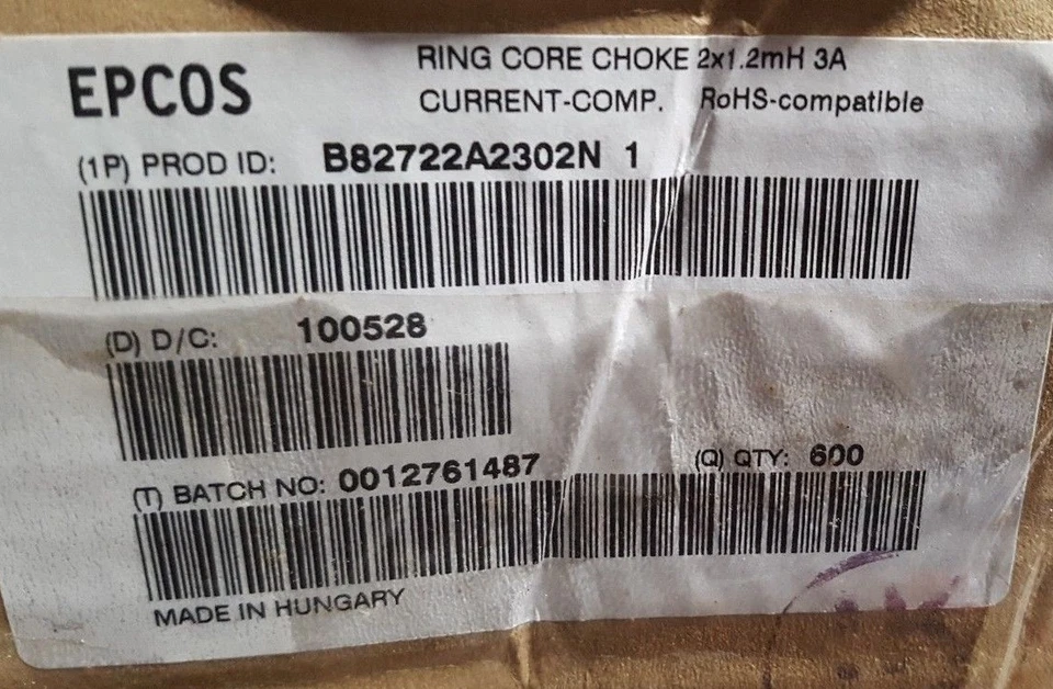EPCOS B82722A2302N1  Ind Power Line Choke 1.2mH 30% 10KHz QTY: 600 (U4.3) - Image 1 of 1