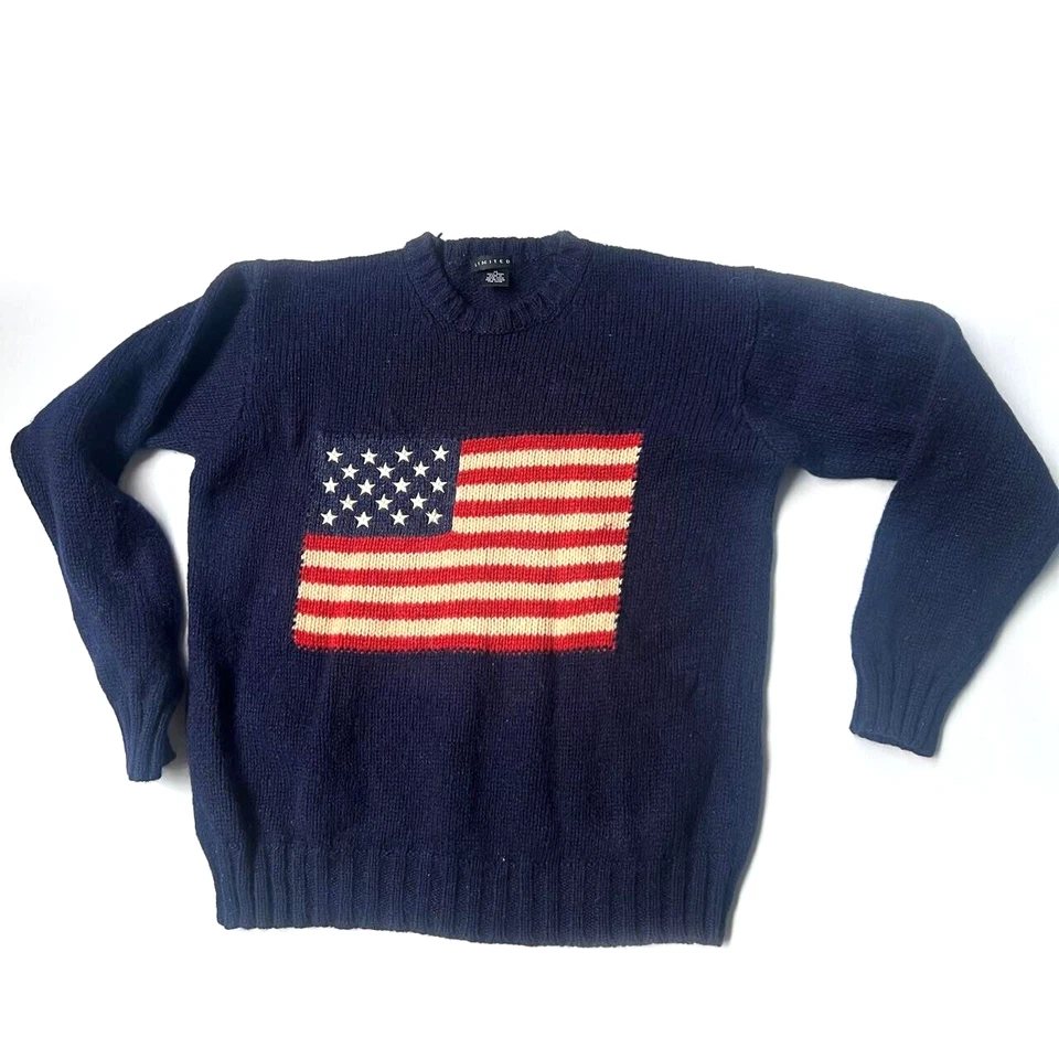 Винтажный ограниченный джемпер вязаный свитер M американский флаг женщин круглый вырез шерсти синий - Изображение 1 из 4