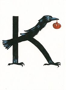 HALLOWEEN ALPHABET LETTER K ACEO RYTA CALLIGRAPHY ART PRINT OF PAINTING Crow 🎃