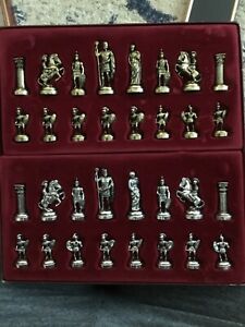 Manopoulos Greek Roman Army Chessmen -Brass Nickel Pawns - Glass Board included 