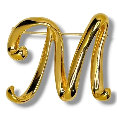 Broche inicial Anne Klein AK letra M tono dorado monograma pin c.1980 Foto 1 de 4