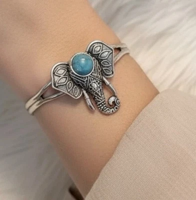 Brazalete Boho Elefante Piedra Turquesa Plata - Brazalete Ajustable Foto 1 de 4