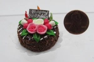 Dollhouse Miniature Round Happy Birthday Chocolate Cake with Rosesit G8327 - Picture 1 of 1