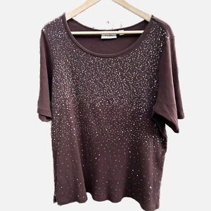 Quacker Factory Ribbed Top Size 1x Sequin Short Sleeve Shirt Brown Silver - Picture 1 of 6