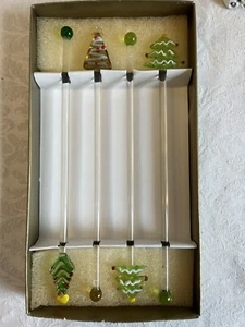Vintage Glass Christmas Tree 6" Drink Stirrers Swizzle Sticks Set Of 4 - Picture 1 of 1