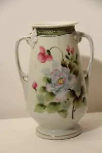 HAND PAINTED NIPPON CERAMIC VASE - DOUBLE HANDLES - FLOWERS - 7 1/2" - Picture 1 of 10