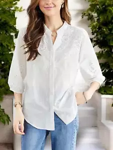 Women's 3/4 Sleeve Button Down Shirt With Embroidered Eyelet Details And V-Neck - Picture 1 of 15