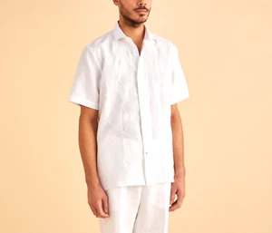 NEW Mens Inserch Embroidered Shirt Short Sleeves 100% Linen RegularFit White USA - Picture 1 of 1