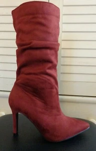 Women's💗Burgundy/Wine Pull-on Pointy Toe Slouch Suede 4" Hi Heel Boot 💗Sz 8 - Picture 1 of 8