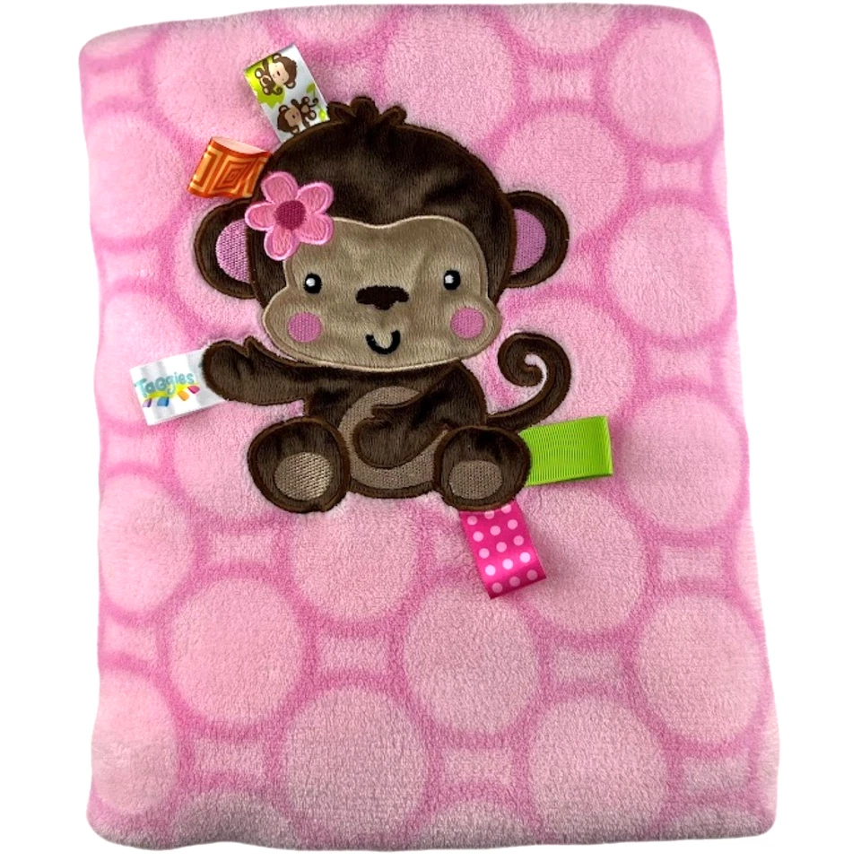 Taggies Pink Monkey Circle Baby Blanket Fleece Soft Lovey Girl Dots 30x40 - Image 1 of 3