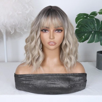 Short Wavy Ombre Ash Blonde Wigs with Dark Roots for Women Cosplay Party Daily