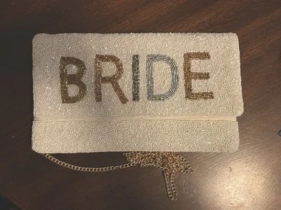 Bolso sin asas de novia bolso de boda regalo nupcial blanco con cuentas letras cadena Foto 1 de 4