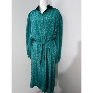 Vintage Schrader Sport New York Dress Womens 18 Green Blue Floral Long Sleeve - Picture 1 of 11