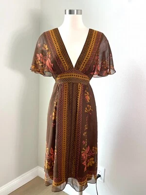 Anna Sui Anthropologie Medium Brown Floral 100% Silk Dress V Neck Short Sleeve - Image 1 of 4