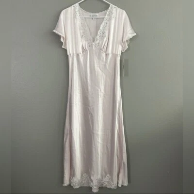 Vintage Jones New York Light Pink Satin Night Gown Slip Dress Sz M Lace Trim NWT - Image 1 of 4