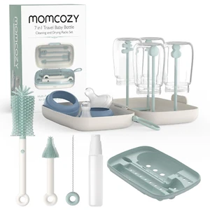 7-in-1 Baby Bottle Brush Set Silicone Cleaner Nipple Straw Drying Rack Kit Green - Picture 1 of 8